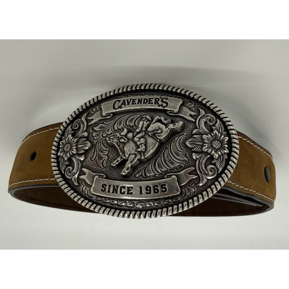 Cavenders Kids Brown Leather Belt Size 22 With Bull Riding Rodeo Buckle Western